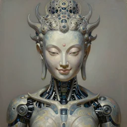 perfectly centered portrait, front view of a beautiful biomechanical alien android robot buddha, female, fractal hair, intense stare, sarcastic smile, symmetrical, concept art, intricate detail, volumetric shadows and lighting, realistic oil painting by alex grey and gustave dore,
