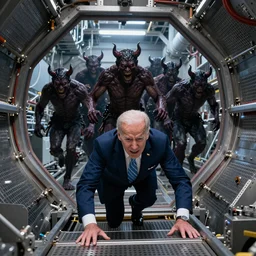 Joe BIDEN crawling out of The Large Hadron Collider at cern with a bunch of demons behind him
