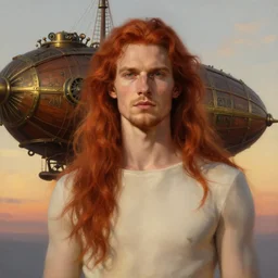 realist portrait painting of a handsome face rugged long hair crimson hair male captain minimalist clothing top half portrait soft flowing hair elegant steampunk wood brass ornate mechanical zeppelin airship in the background sky sunset golden hour fantasy rugged book cover art atmospheric lighting art by mullins rutkowski bussiere
