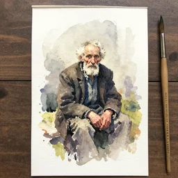 small centered on watercolor paper, paint brush strokes, abstract watercolor painting of old man sitting, poor and rugged, cinematic light, national romanticism by hans dahl, by jesper ejsing, by anders zorn, by greg rutkowski, by greg manchess, by tyler edlin