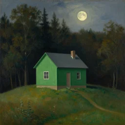 painting of a small green house on a hill, with a forest behind it and the moon setting, by maxfield parrish, by rene magritte
