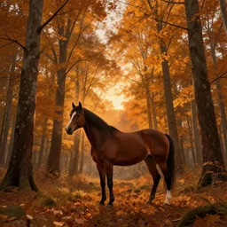 A horse in a forest full of autumn trees, with sunset, digital art, trending on artstation, HDR