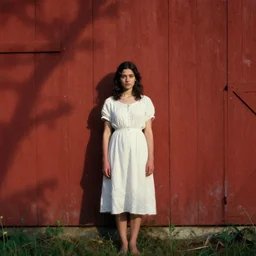 a young woman standing in the shadow of a red barn. black hair, white! dress!. paint brush strokes, cinematic light, american romanticism by hans dahl, by jesper ejsing, by anders zorn, by greg rutkowski, by greg manchess, by tyler edlin