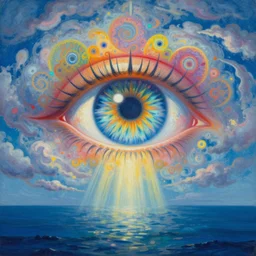 a painting of a giant psychedelic eye over in a cloudy sky over an ocean, god rays, beautiful colors, surrealism, visionary art, fractals, matte painting, by vladimir kush and christophe vacher