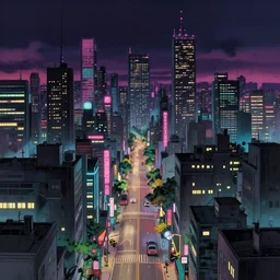 synthwave urban grunge cityscape, studio ghibli style