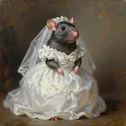 oil painted portrait of a rat wearing a white wedding dress, timeless masterpiece, classic, detailed, sharp, clear, 4 k, 8 k