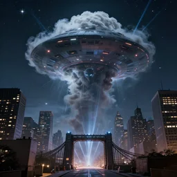 [alien invasion cuboid niqab] ufo spotted in new york. There is a large behemoth cloud. The large smoke entity is trampling the city. starlit. lasers shooting out of a gate