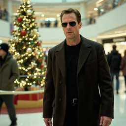 film still of agent smith played by hugo weaving goes to the mall at christmas time in the new matrix movie, 4 k