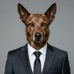 photo of a grotesque, human - animal hybrid creature, portrait, human with a dog face, wearing a suit, human eyes, human ears, human nose, humanoid dog