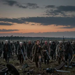an army of undead, at dusk, by Edward Steichen, dramatic lighting, high contrast colors, panoramic view, as trending on Artstation,
