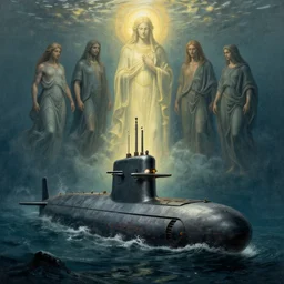 Submarine on the bottom of the ocean, lit by the light of gods, abandoned by gods, hyperdetailed artstation cgsociety by greg rutkowski and by Gustave Dore