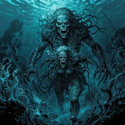horrors in ocean with intricate details by MARVEL comics and Sandra Chevrier