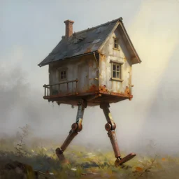 a walking magic house with two mechanical legs, rust, hyperrealistic, highly detailed, cinematic, single ray of sun, fog, beautiful, cgssociety, artstation, 8 k, oil painting