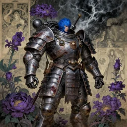 composition of gothic and futuristic, warhammer, cyber japan samurai armor, more and more scars, storm, blue head, purple, many mech flowers, the middle ages, highly detailed, artstation, in the style of moebius, jugendstil and classic japanese print, art by jean delville and rene magritte