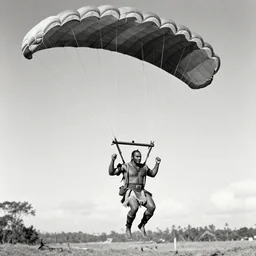 Maori warrior during ancient extreme sports on parachute by david lachapelle, old photo, black and white, vintage