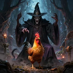 an evil wizard summoning a chicken demon