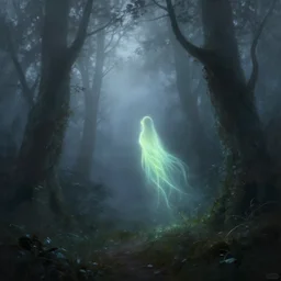 a glowing will o the wisp in misty woods, beautiful ethereal fantasy painting by greg rutkowski