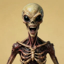 humanoid with crooked teeth, two black eyes, long open black mouth, alien looking, big forehead, horrifying, killer, creepy, photo turning slightly yellow, dead, looking straight forward, realistic, slightly red, long neck, boney, monster, tall, skinny, skullish, deathly, in the style of alfred kubin