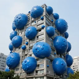 a perfect hyperrealist colour photograph of a building covered in giant blue plastic tumours, representing the iniquities of modern western society.