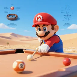 super mario wearing a baseball cap playing billiards in a desert, detailed scientific diagram