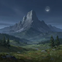 large mountains in the distance, moon in the night sky, landscape wallpaper, d&d art, fantasy, painted, 4k, high detail, sharp focus, artstation