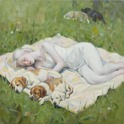 an oil painting of a white pale woman lying on her side on a picnicking blanket surrounded by grass and sleeping dogs