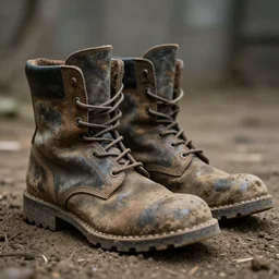 post apocalyptic used boots, grunge, old and dirt, photorealistic, hyper detailed, 4 k