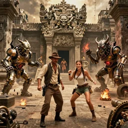 color cinematic still from a 2 0 1 9 action - adventure blockbuster directed by guillermo del toro. steampunk mechanical stone golems and a demonic krasue are attacking and terrorizing indiana jones and lara croft inside ancient epic labyrinthine cambodian temples with deadly traps and evil magic curses.