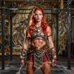 highly detailed full body portrait of young female crossfit gorgeous nordic red sonja barbarian, comic book cover art, global illumination, sharp focus, octane rendering, specular radiant light, detailed and intricate environment, hyper realistic elegant grotesque reinassance digital painting concept art by cristian sauret