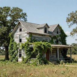 kudzu vines wrapping around an old farmhouse, American west, surrealism