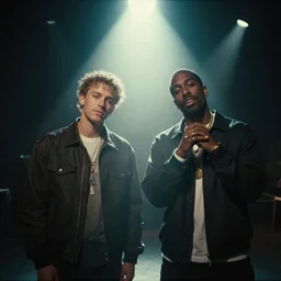 a photo of tyler the creator and asap rocky, cinematic, camcorder effect, ektachrome, wide angle, lens distortion, double - exposure, rephotography, light, dark, 3 d, spotlight, amoled, moody lighting, fog, cgi