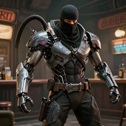 cyborg ninja danny trejo conquering the pub, sharp lines, detailed, 4 k, realistic, cyberpunk style