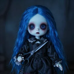 a haunted doll with blue hair and scissors, moody lighting by Lilia Alvarado