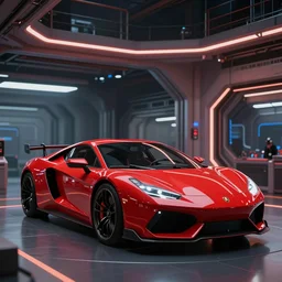 kama russian electrocar, inside futuristic hangar, red car, sharp focus, ultra realistic, ultra high pixel detail, cinematic, intricate, cinematic light, unreal engine 8 k, 8 k, epic, majestic, intricate, volumetric lighting, dramatic vivid and vibrant colors, trending on artstation, behance