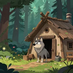 a cartoonish big wolf is near a rustic ramshackle hut in a mystical forest full of wonders, pine trees, magical atmosphere, trending on artstation, 30mm, by Noah Bradley trending on ArtStation, deviantart, high detail, stylized portrait