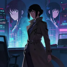 a high definition cinematic screenshot from the detective ( noir ) cyberpunk anime film ; a lone ( ( female detective in a trenchcoat ) ) investigates a dreamworld, digital painting by josan gonzalez and ( ( makoto shinkai ) ), trending on artstation