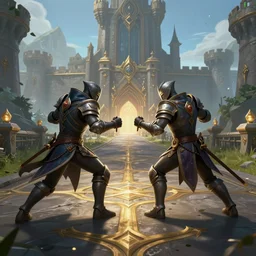 fight scene league of legends style medieval road near castles, 3 0 0 0 characters, center camera composition, volumetric lighting, movie action scene, 8 k, lumen reflections, sharpened, insanely detailed and intricate, elegant, ornate