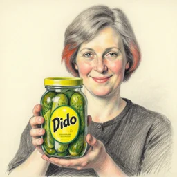 pencil drawing of a smiling woman with short grey and red hair proudly holding a fido jar into the camera. close up. the fido jar is filled with big green pickles, by jean metzinger