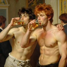 attractive muscular mike with ginger hair and muscular attractive ty with brunet hair, drinking their hearts out, in their noble house. highly detailed painting by gaston bussiere, craig mullins, j. c. leyendecker, alphonse mucha 8 k