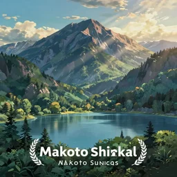 mountains, trees, and lake, by makoto shinkai