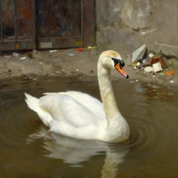 a swan, in murky water, in an alley way, with rubbish detailed painting, epic lighting, by ilya repin, phil hale and kent williams