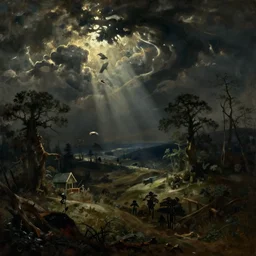 painting of a landscape by jeremiah ketner and gustave dore | horror themed | creepy