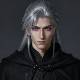 portrait of a young man in a black cloak, silver hair, purple eyes, detailed face, highly detailed, cinematic lighting, digital art painting by greg rutkowski.
