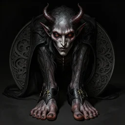 portrait of a demon wearing toe shoes ( vibram five fingers ), digital art, orthographic, grim - lighting, high - contrast, intricate, elegant, highly detailed, centered, digital painting, artstation, concept art, smooth, sharp focus, illustration, artgerm, greg rutkowski, alphonse mucha, karol bak, studio mir, 2 d