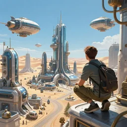 Over the shoulder camera shot of a young man crouching on the ledge of a tall building peering at an advanced high tech Sci fi bustling steampunk city with flying air ships over it and tall glass buildings located in a sand desert, bright sunny day blue sky, digital painting, artstation, matte painting, highly detailed, intricate, concept art, game art, octane render, 8k, unreal engine