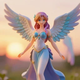 Figurine of a beautiful elegant woman colors, angelic wings on her back, sunset warm spring, fantasy, anime, vibrant, intricate details, trending on ArtStation, Deviantart, by WLOP, Nicolas Lopez