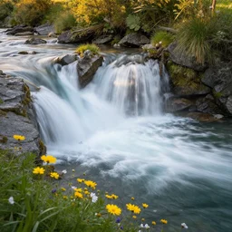waterfall in switzerland, beautiful river, and flowers, fast shutter speed, low saturation, sigma 8 5 mm, golden hour, nature photography