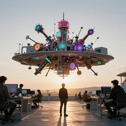 candid photo of sunrise futuristic floating open - air design workshop : node - based hologram handtools designed by jony ive ( colorful oled stacked into vast explorable sculptures ) scale model floating in midair in front of me : brilliant daylight vr os ux, leica 8 k still from an a 2 4 film