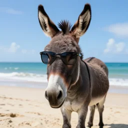 a donkey wearing cool sunglasses at an unspoiled beach, 8k, hyper-detailed, ray tracing