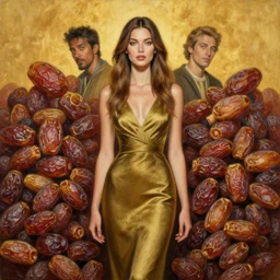 epic painting drawing, full figure portrait of beautiful supermodel wearing olive gold dress surrounded by, sweet egyptian dried dates, photography by amy leibowitz, wlop, jeremy lipkin, beeple, intricate, symmetrical front portrait, artgerm, golden glowing background